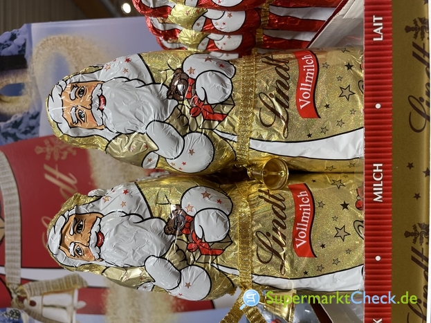 Foto von Lindt Schokoladen-Weihnachtsmann, gold mit Glocke und Band