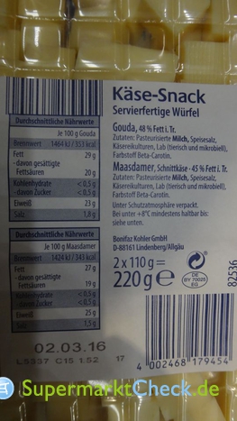 Käse Snack Gouda Maasdamer: Kalorien & Angebote, Nutri-Score Preis