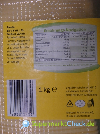 Milbona Gouda XXL geschnitten: Preis, Angebote, & Kalorien Nutri-Score