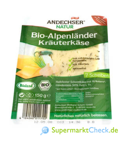 Foto von Andechser Natur Bio Alpenländer Kräuterkäse in Scheiben 50 % Fett i. Tr. 150 g